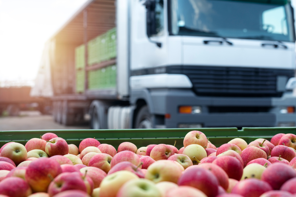 Fruit,And,Food,Distribution.,Truck,Loaded,With,Containers,Full,Of